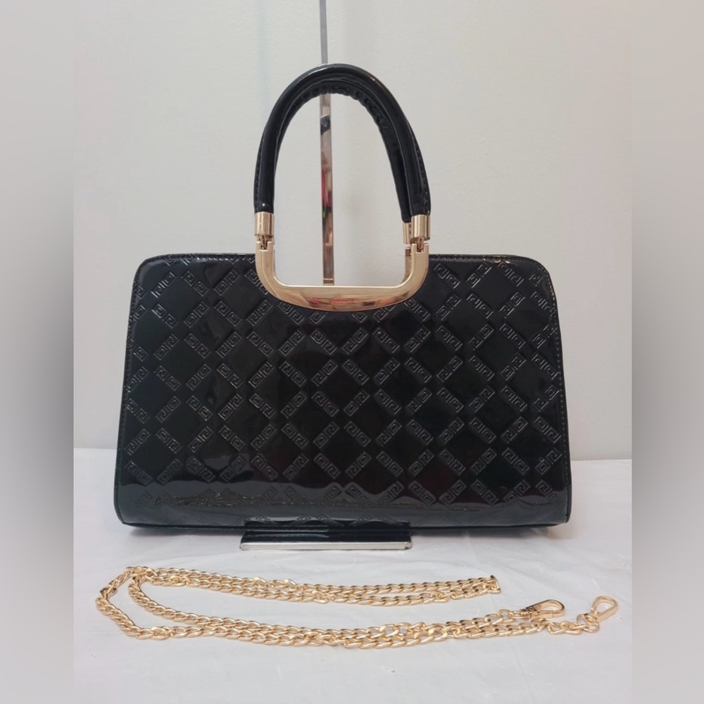 David Jones Paris Satchel Crossbody Shoulder Bag Black Faux Patent Leather